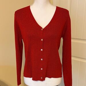 Women's Red Metallic Cardigan Sweater  Size M great for the holidays
